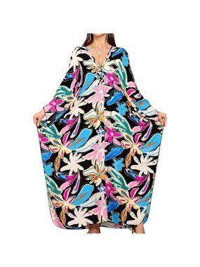 Women's Colourful Flowers V-Neck Batwing Sleeves Summer Cover Up Kaftan Dress
